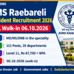 AIIMS Raebareli Senior Resident Recruitment 2026 – 111 posts, walk-in interview on 06.10.2026, MD/MS/DNB, Level 11 pay Rs 67,700 + NPA