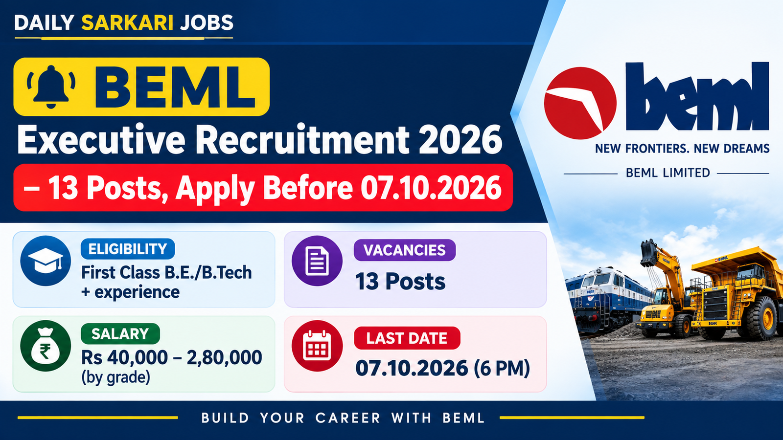 BEML Executive Recruitment 2026 banner – 13 posts, eligibility First Class B.E./B.Tech with experience, salary Rs 40,000 to 2,80,000, last date 07.10.2026