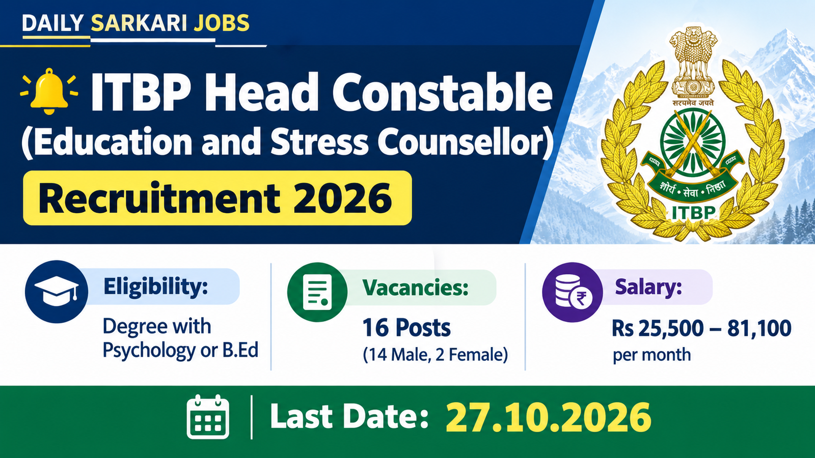 ITBP Head Constable Education and Stress Counsellor Recruitment 2026 banner showing 16 posts, Psychology or B.Ed eligibility and the 27.10.2026 last date