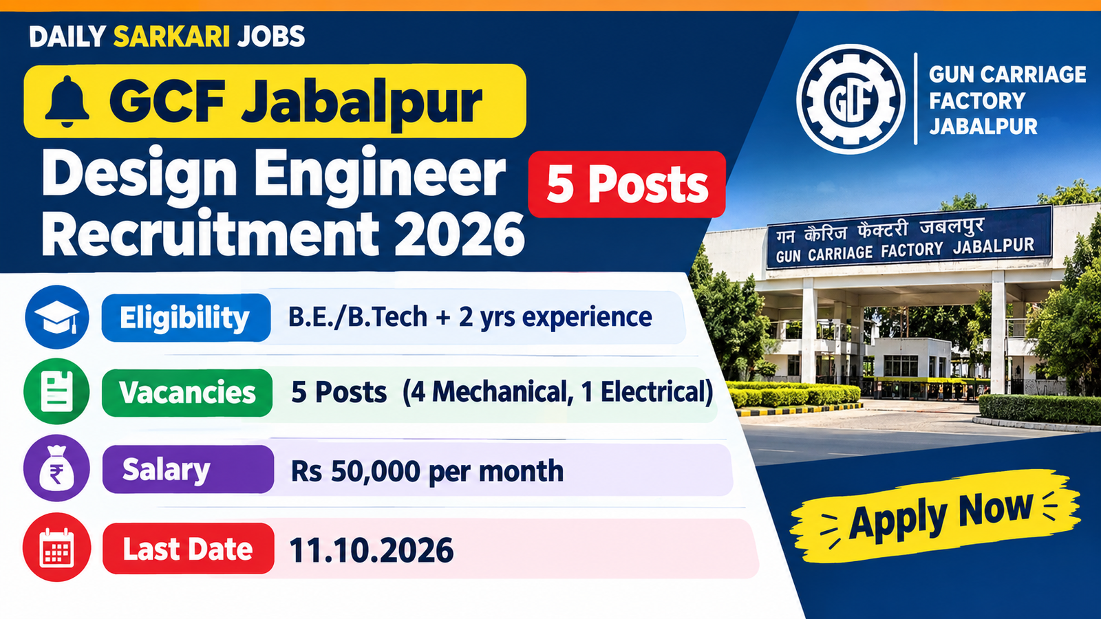 GCF Jabalpur Design Engineer Recruitment 2026 banner showing 5 posts, B.E./B.Tech with 2 years experience, Rs 50,000 per month salary and last date 11.10.2026