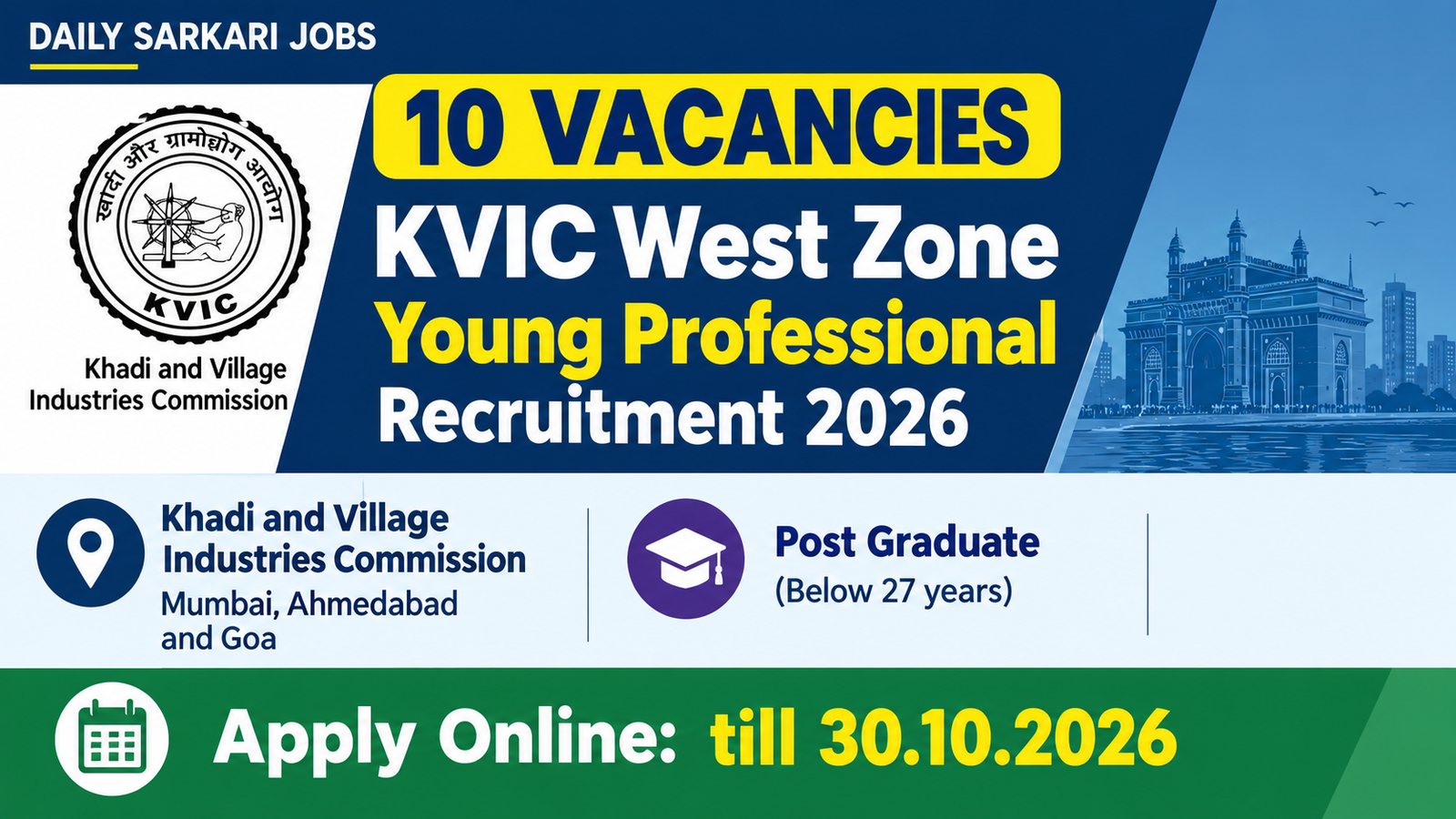 KVIC West Zone Young Professional Recruitment 2026 banner showing 10 vacancies in Mumbai, Ahmedabad and Goa, post graduate below 27 years, apply online till 30.10.2026