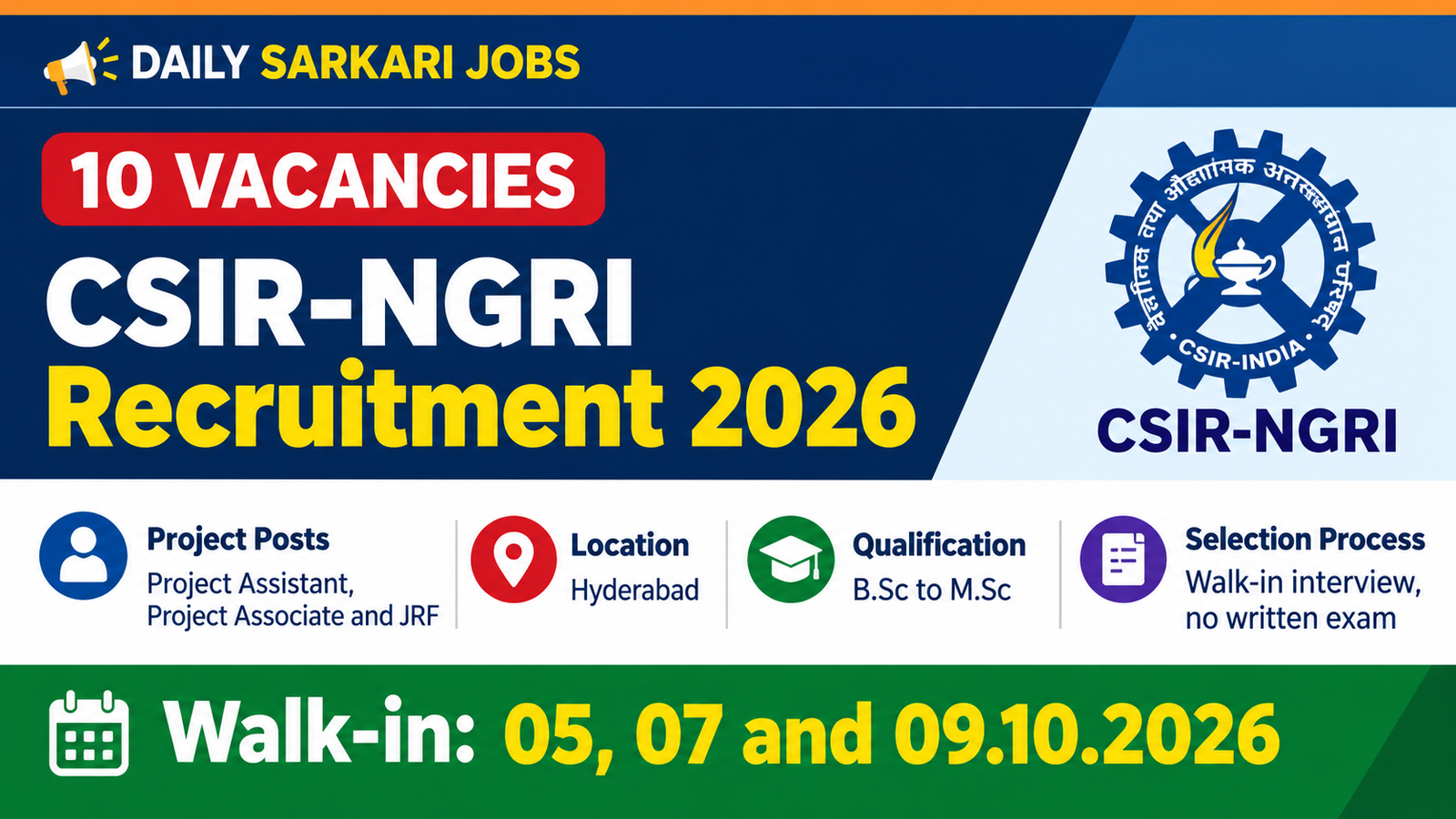 CSIR-NGRI Recruitment 2026 banner: 10 project vacancies for Project Assistant, Project Associate and JRF at Hyderabad, B.Sc to M.Sc, walk-in interview with no written exam on 05, 07 and 09 October 2026
