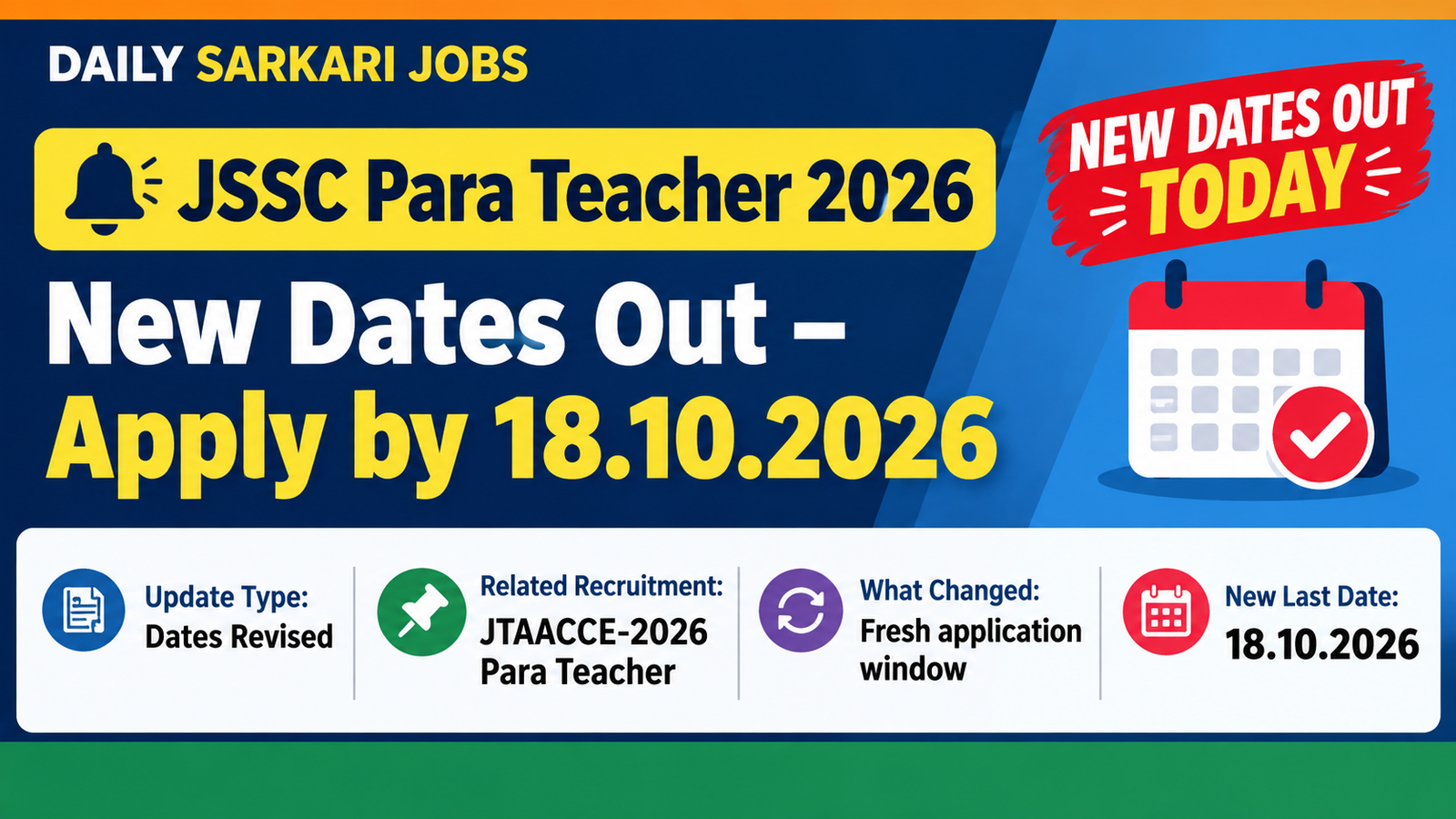 JSSC Para Teacher 2026 new dates out - fresh application window for JTAACCE-2026 Trained Assistant Acharya, apply by 18.10.2026