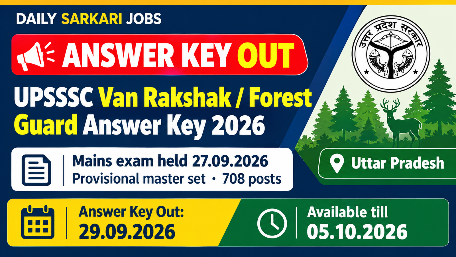 UPSSSC Van Rakshak and Forest Guard provisional answer key 2026 banner - mains exam held 27.09.2026, 708 posts, Uttar Pradesh, available till 05.10.2026