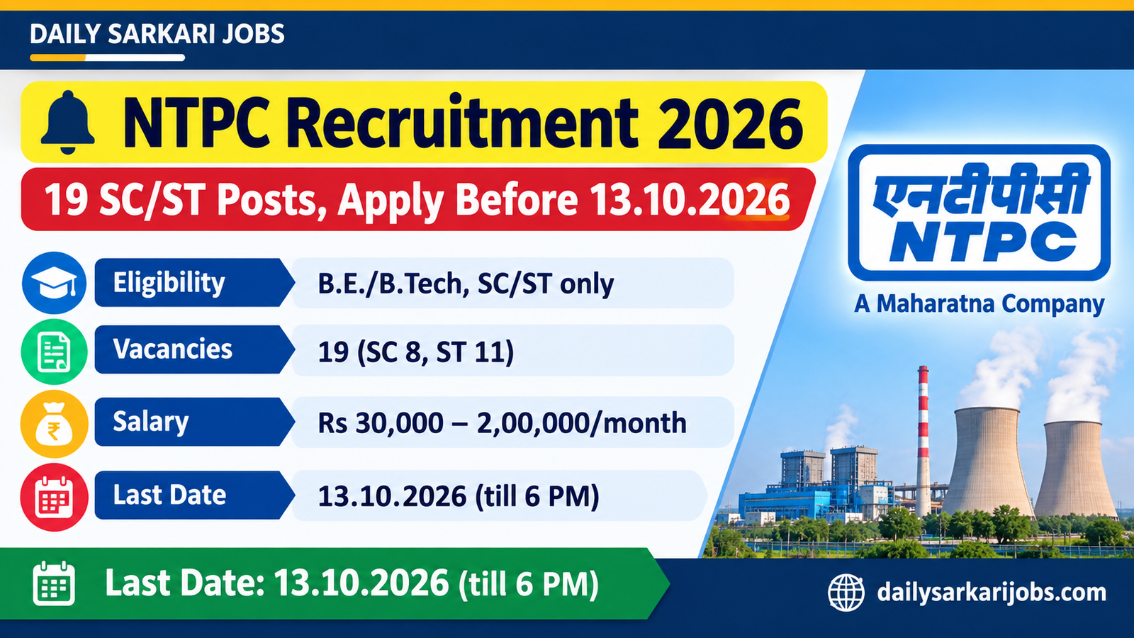 NTPC Recruitment 2026 banner for Advt. No. 13/26 showing 19 SC and ST posts, B.E./B.Tech eligibility, Rs 30,000 to 2,00,000 monthly pay and the 13.10.2026 last date