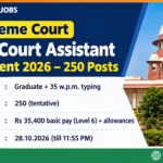 Supreme Court of India Junior Court Assistant Recruitment 2026 banner: 250 posts, graduate with 35 w.p.m. typing, last date 28.10.2026