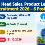 SBI Head Sales, Product Lead Recruitment 2026 – 6 posts, CTC up to Rs. 199 Lakh, last date 21.10.2026