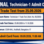 CSIR-NAL Technician-1 Admit Card 2026 banner - Trade Test from 25.09.2026 to 11.10.2026 at CSIR-NAL Kodihalli Bengaluru-17, admit card download from 09.09.2026 11:00 AM