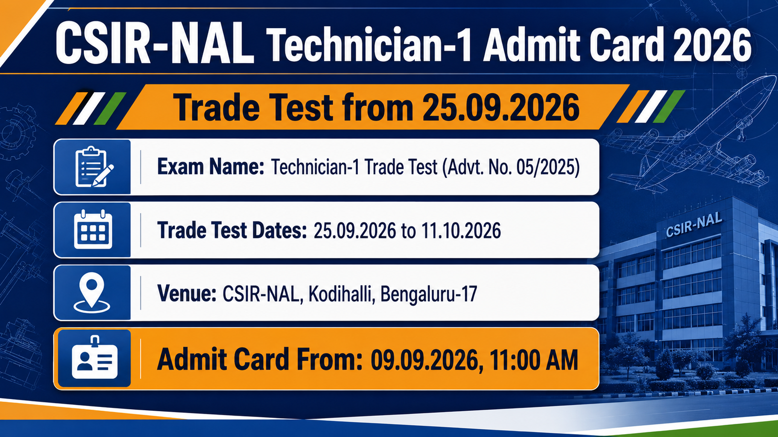 CSIR-NAL Technician-1 Admit Card 2026 banner - Trade Test from 25.09.2026 to 11.10.2026 at CSIR-NAL Kodihalli Bengaluru-17, admit card download from 09.09.2026 11:00 AM