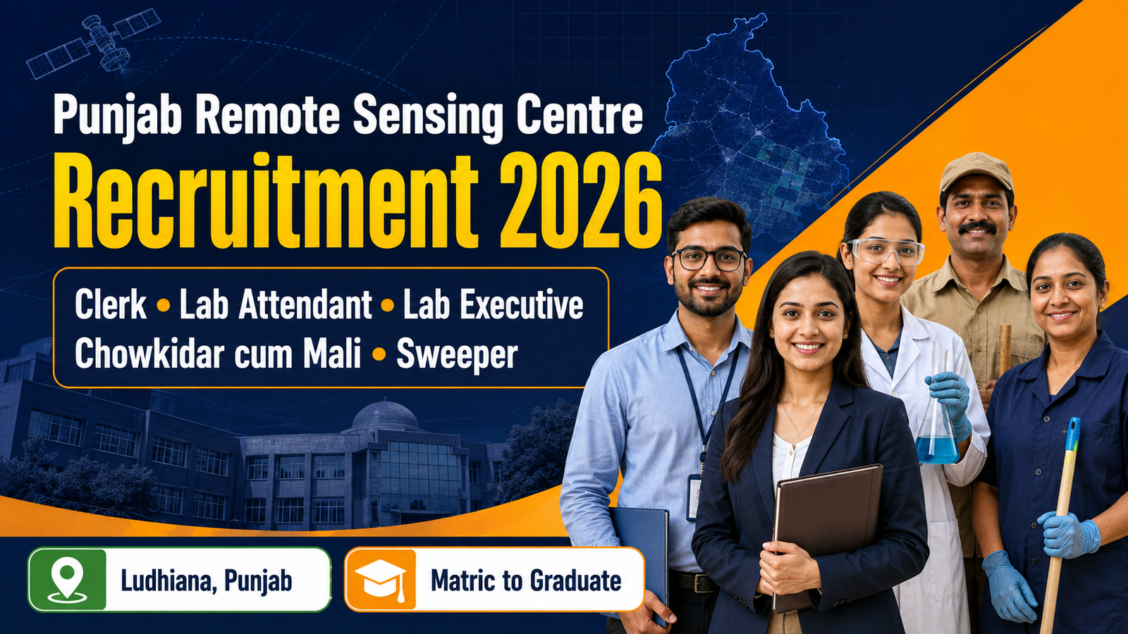 PRSC Punjab Remote Sensing Centre Recruitment 2026 banner for Clerk, Lab Attendant, Lab Executive, Chowkidar cum Mali and Sweeper posts in Ludhiana, Punjab, eligibility Matric to Graduate