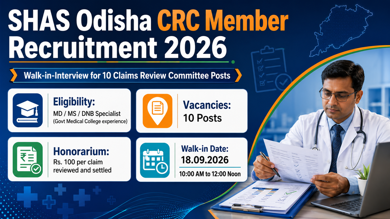 SHAS Odisha CRC Member Recruitment 2026 banner - walk-in-interview on 18.09.2026, 10:00 AM to 12:00 Noon, for 10 Claims Review Committee posts, MD/MS/DNB specialists, honorarium Rs. 100 per claim