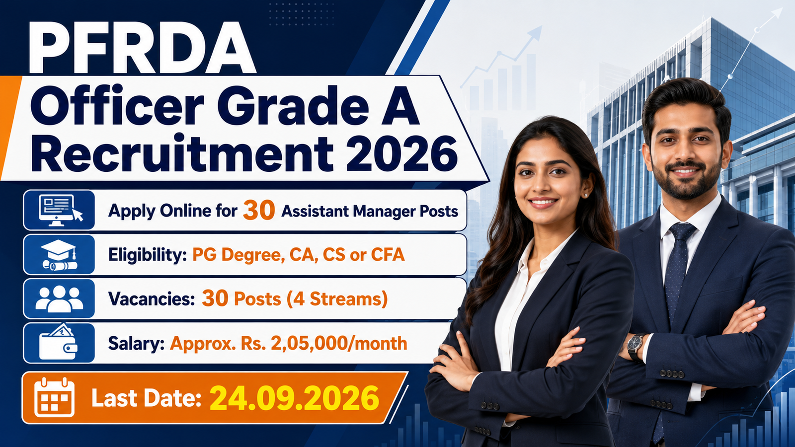 PFRDA Officer Grade A Assistant Manager Recruitment 2026 banner showing 30 posts across 4 streams, eligibility, salary and last date 24.09.2026