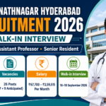 ESIC Sanathnagar Hyderabad Recruitment 2026 banner for the walk-in interview for Professor, Assistant Professor and Senior Resident posts, showing PG Medical Degree eligibility, 26 posts, salary Rs. 67,700 to Rs. 2,59,515 per month and interview dates 16 to 18 September 2026