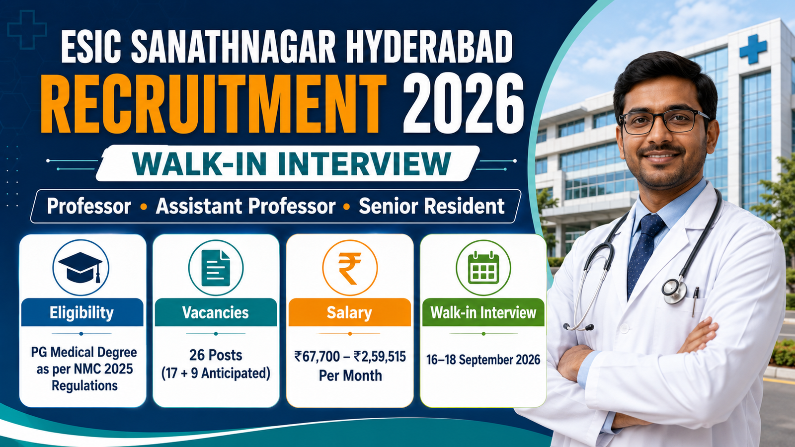 ESIC Sanathnagar Hyderabad Recruitment 2026 banner for the walk-in interview for Professor, Assistant Professor and Senior Resident posts, showing PG Medical Degree eligibility, 26 posts, salary Rs. 67,700 to Rs. 2,59,515 per month and interview dates 16 to 18 September 2026