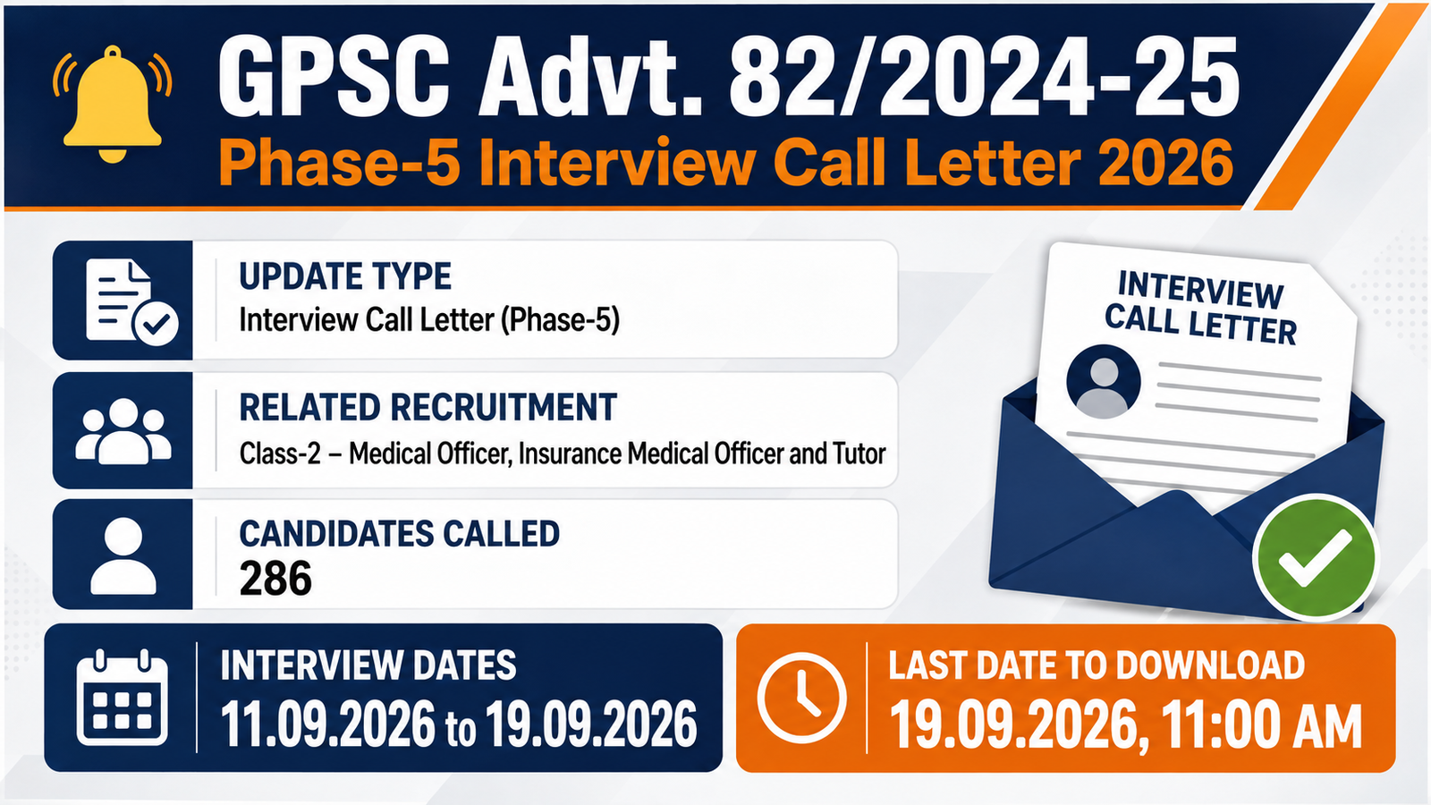 GPSC Advt. 82/2024-25 Phase-5 interview call letter 2026 banner: 286 candidates called, interviews 11.09.2026 to 19.09.2026, last date to download 19.09.2026 11:00 AM