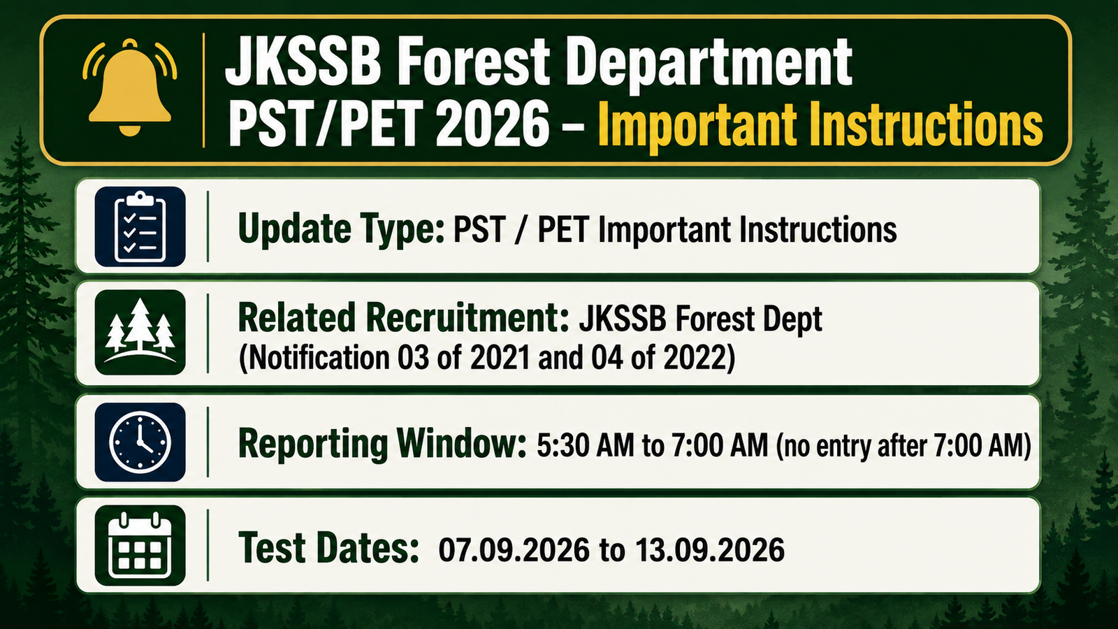 JKSSB Forest Department PST and PET 2026 important instructions banner showing update type, related recruitment, reporting window 5:30 AM to 7:00 AM and test dates 07.09.2026 to 13.09.2026