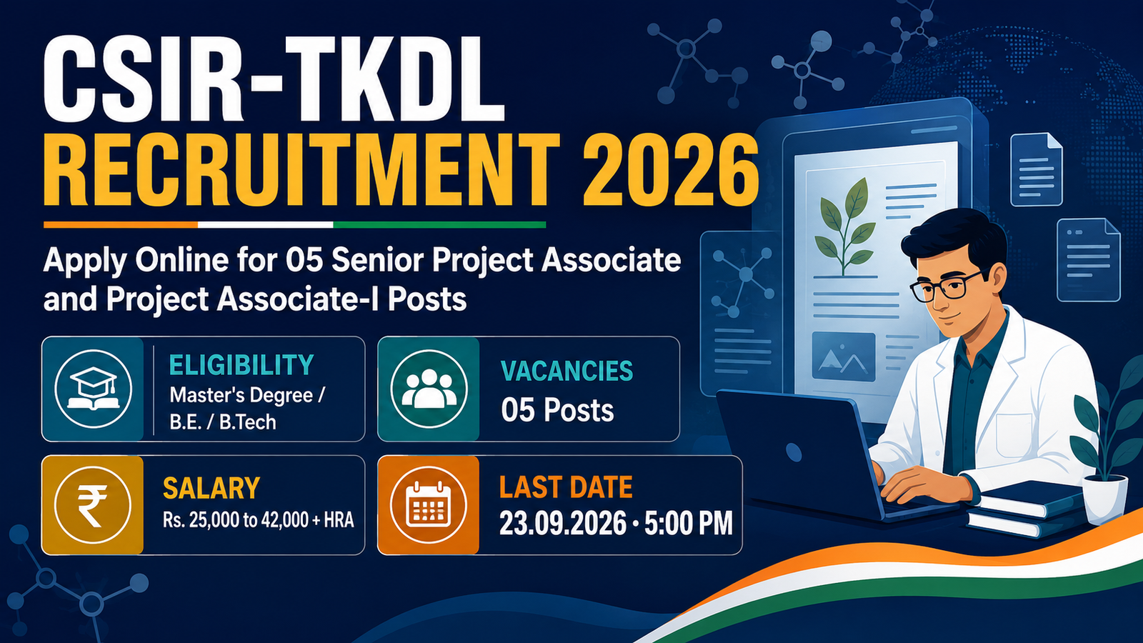 CSIR-TKDL Recruitment 2026 banner: apply online for 05 Senior Project Associate and Project Associate-I posts, eligibility Master’s Degree or B.E./B.Tech, salary Rs. 25,000 to 42,000 plus HRA, last date 23.09.2026 at 5:00 PM
