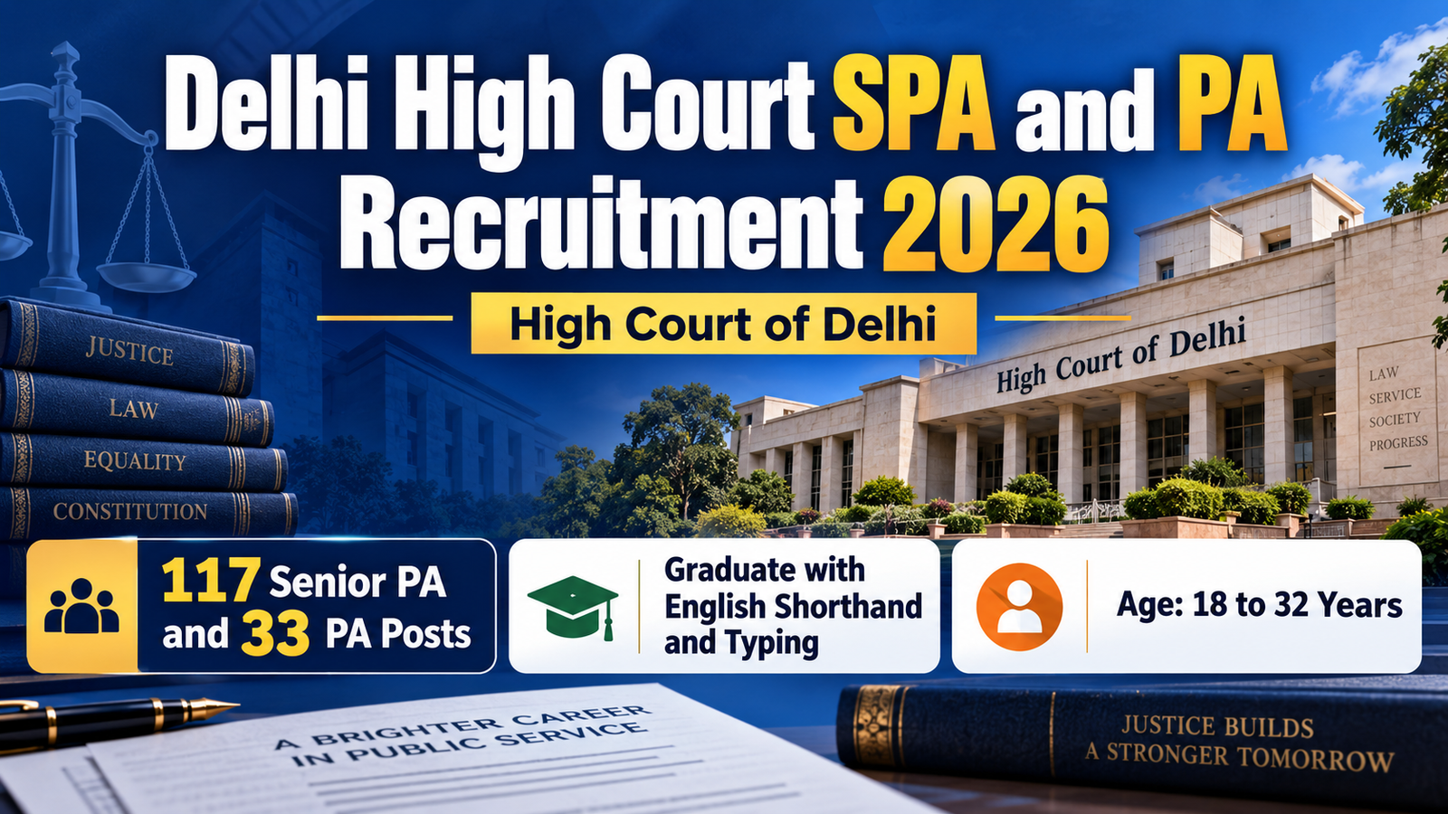 Delhi High Court SPA and PA Recruitment 2026 banner showing 117 Senior Personal Assistant and 33 Personal Assistant posts, eligibility Graduate with English shorthand and typing, and age limit 18 to 32 years