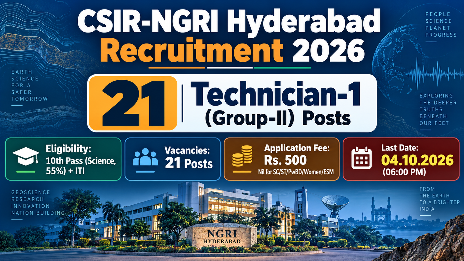 CSIR-NGRI Hyderabad Recruitment 2026 banner for 21 Technician-1 Group-II posts showing 10th Pass with Science 55% plus ITI eligibility, Rs. 500 application fee and the 04.10.2026 last date
