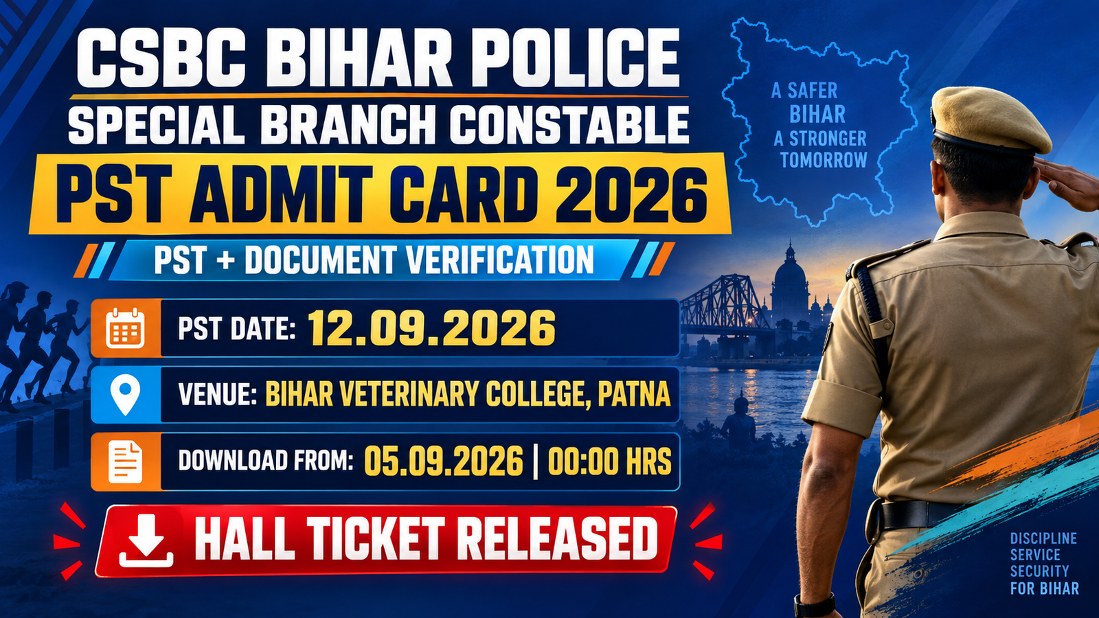 CSBC Bihar Police Special Branch Constable PST Admit Card 2026 banner: PST on 12.09.2026 at Bihar Veterinary College Patna, download from 05.09.2026