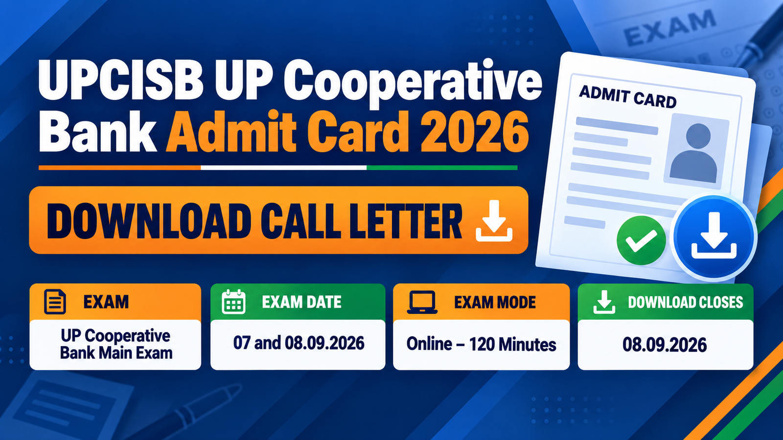 UPCISB UP Cooperative Bank Admit Card 2026 banner: download call letter, Main Exam on 07 and 08.09.2026, online 120 minutes, download closes 08.09.2026