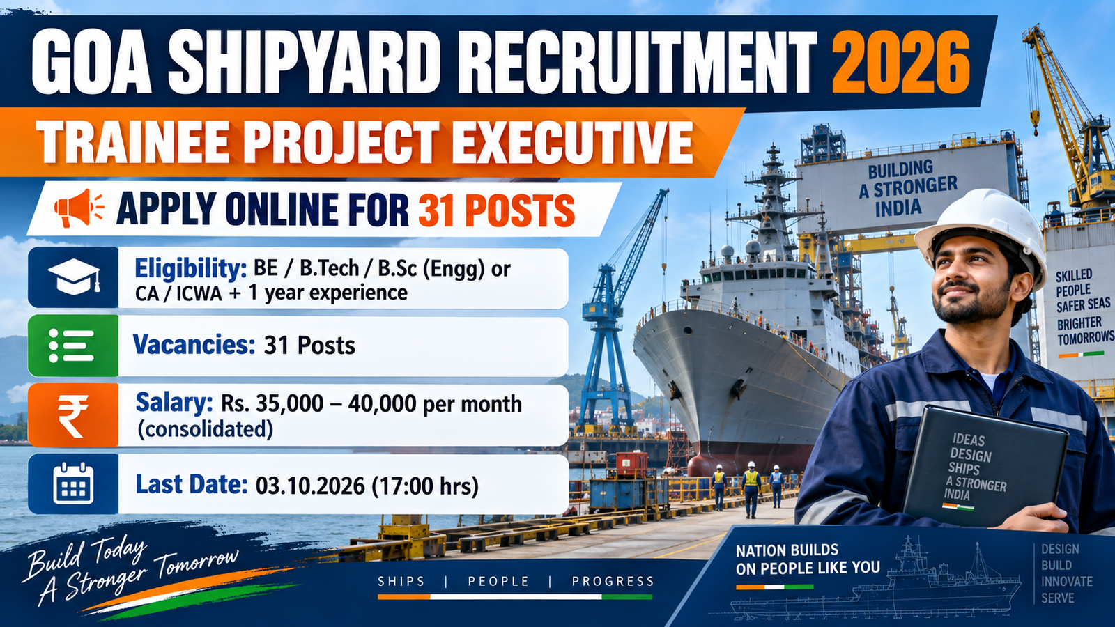 Goa Shipyard Trainee Project Executive Recruitment 2026 banner - apply online for 31 posts, eligibility BE B.Tech B.Sc Engg or CA ICWA with 1 year experience, salary Rs. 35,000 to 40,000 per month, last date 03.10.2026