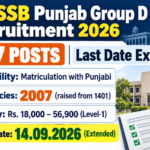 PSSSB Punjab Group D Recruitment 2026 – Apply Online for 2007 Sewadar, Chowkidar and Safai Sewak Posts (Advt. No. 04/2026), Last Date Extended to 14.09.2026 PSSSB Punjab Group D Recruitment 2026 banner listing 2007 posts, Matriculation with Punjabi eligibility, Rs 18,000 to 56,900 salary and the extended last date of 14.09.2026