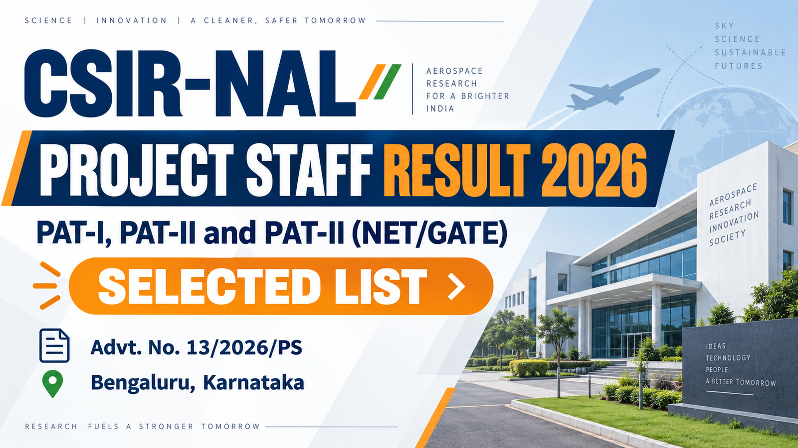 CSIR-NAL Project Staff Result 2026 banner for the PAT-I, PAT-II and PAT-II (NET/GATE) selected candidates list under Advt. No. 13/2026/PS, Bengaluru, Karnataka