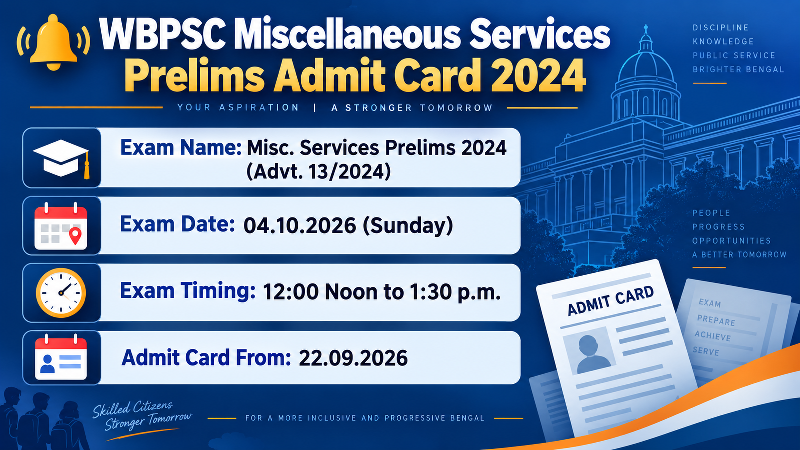 WBPSC Miscellaneous Services Recruitment Preliminary Examination 2024 admit card banner - exam 04.10.2026, 12 Noon to 1:30 pm, admit card from 22.09.2026
