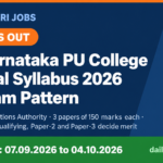 KEA Karnataka PU College Principal Syllabus 2026 and exam pattern banner - three papers of 150 marks each, Paper-1 Kannada qualifying, Paper-2 and Paper-3 decide merit, apply online 07.09.2026 to 04.10.2026
