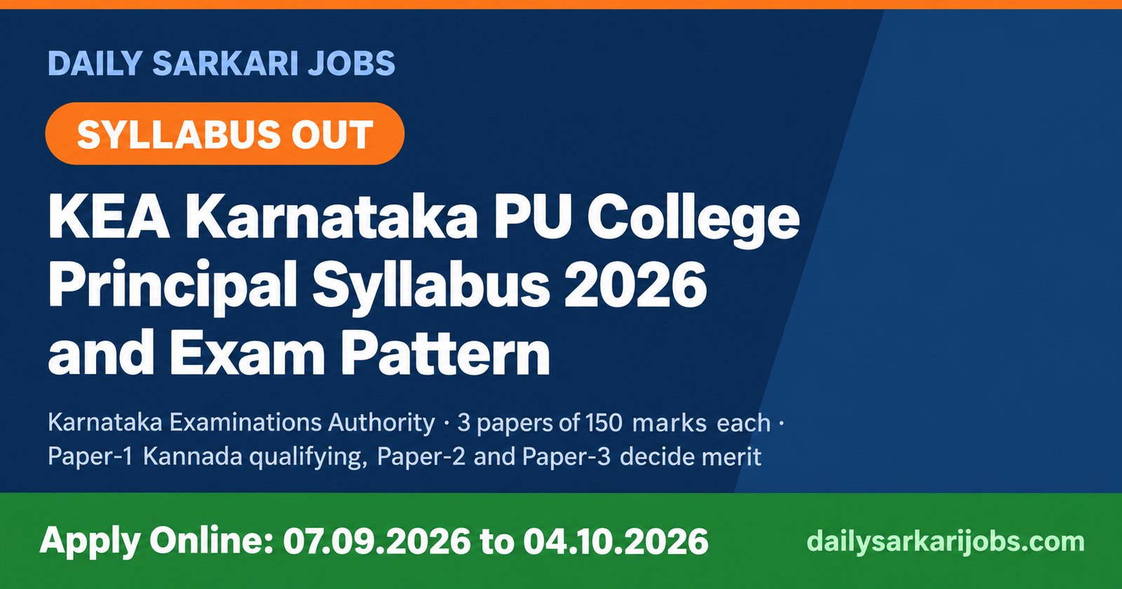 KEA Karnataka PU College Principal Syllabus 2026 and exam pattern banner - three papers of 150 marks each, Paper-1 Kannada qualifying, Paper-2 and Paper-3 decide merit, apply online 07.09.2026 to 04.10.2026