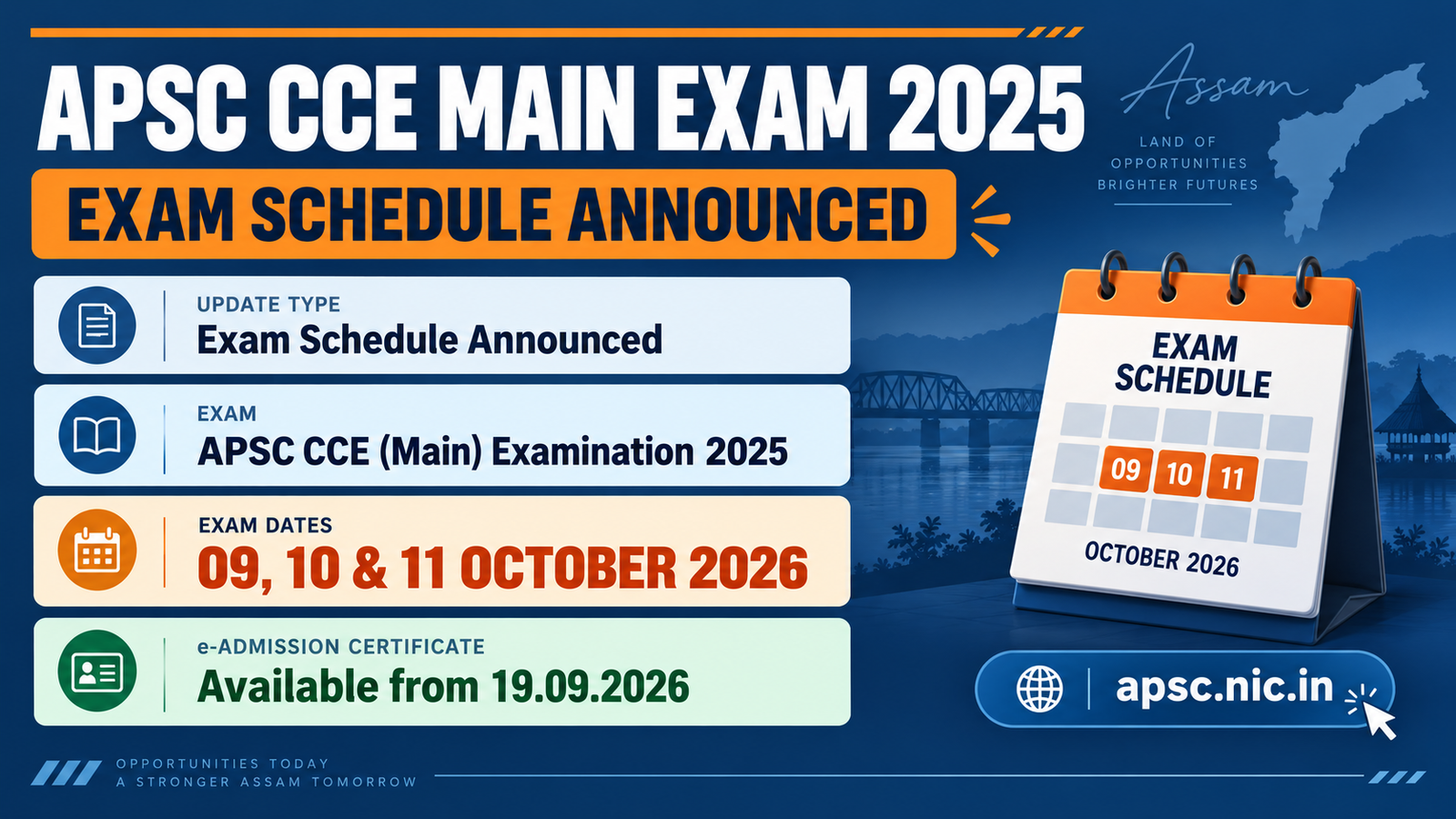 APSC CCE Main Exam 2025 exam schedule banner - Mains on 09, 10 and 11 October 2026, e-Admission Certificate available from 19.09.2026 on apsc.nic.in