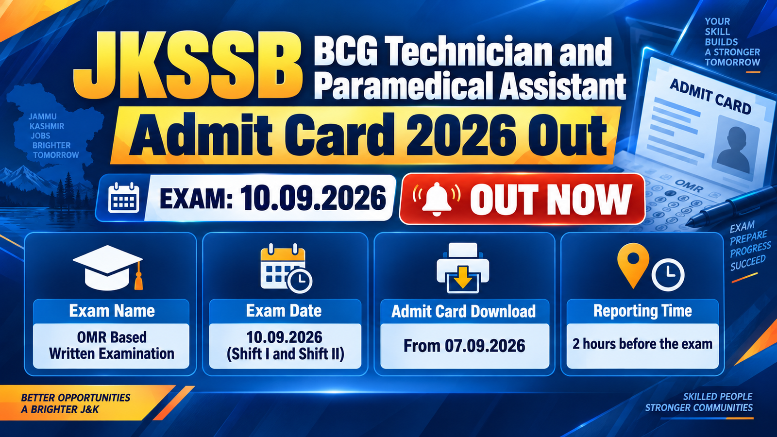 JKSSB BCG Technician and Paramedical Assistant Admit Card 2026 banner - exam on 10.09.2026 in Shift I and Shift II, admit card download from 07.09.2026