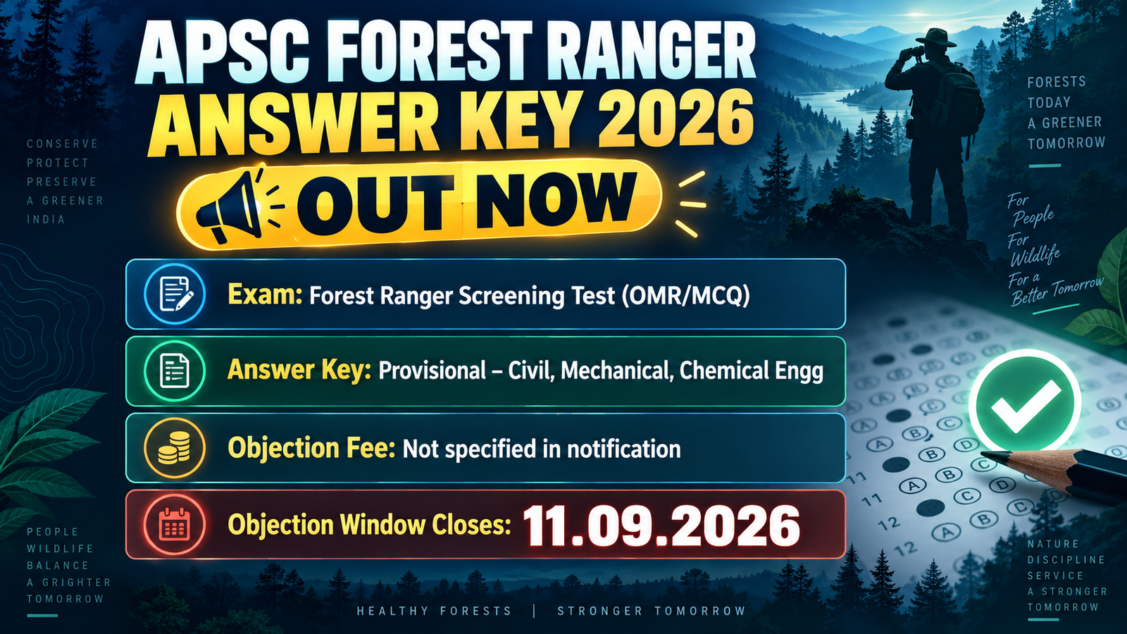 APSC Forest Ranger Answer Key 2026 out for Civil, Mechanical and Chemical Engineering, objection window closes 11.09.2026