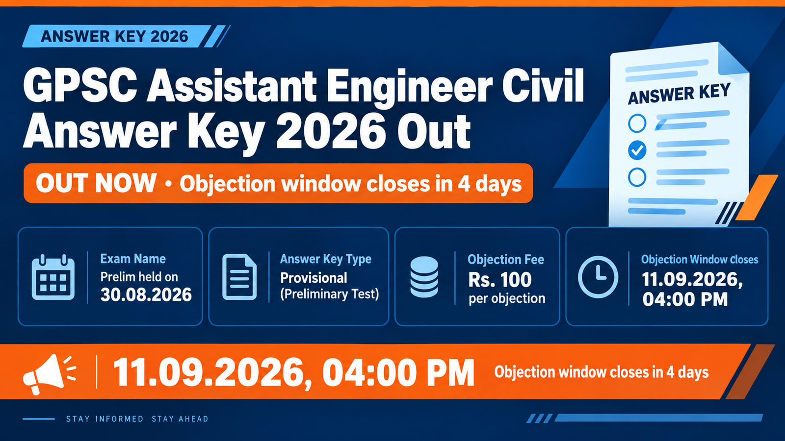 GPSC Assistant Engineer Civil provisional answer key 2026 banner: prelim held 30.08.2026, Rs. 100 objection fee, objection window closes 11.09.2026 at 04:00 PM