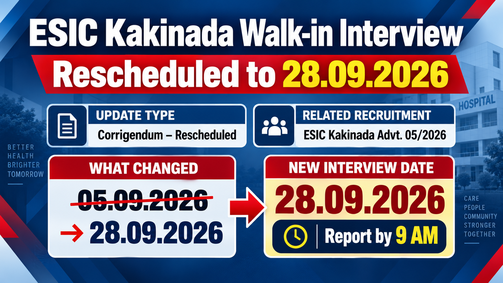 ESIC Kakinada walk-in interview under Advertisement No. 05 of 2026 rescheduled from 05.09.2026 to 28.09.2026, reporting by 9 AM