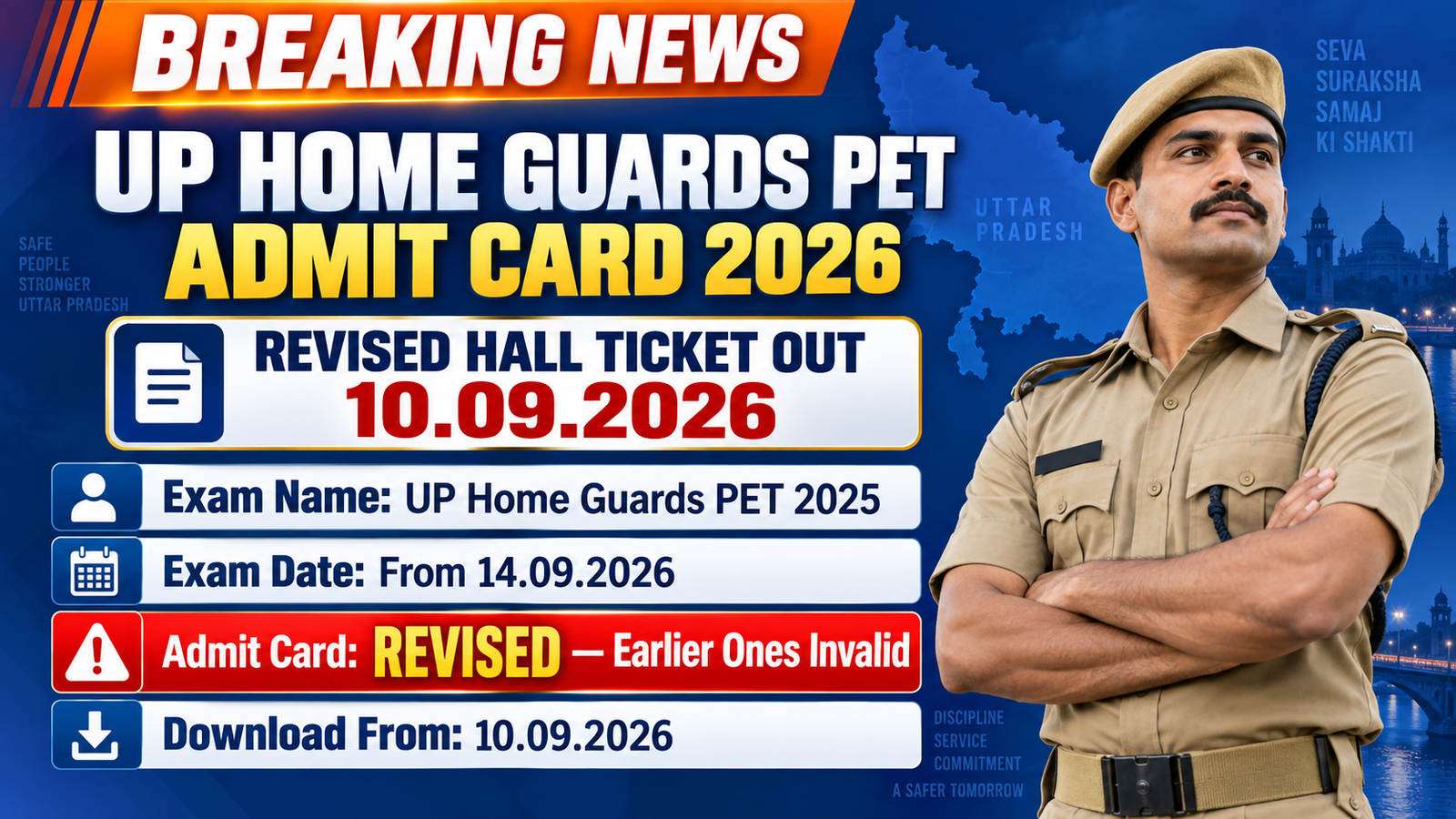 UP Home Guards PET Admit Card 2026 banner: UPPRPB revised hall ticket out 10.09.2026, exam UP Home Guards PET 2025 from 14.09.2026, earlier admit cards invalid