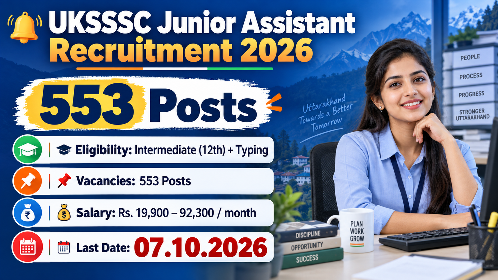 UKSSSC Junior Assistant Recruitment 2026 banner: 553 posts, eligibility Intermediate 12th plus typing, salary Rs 19,900 to 92,300 per month, last date 07.10.2026