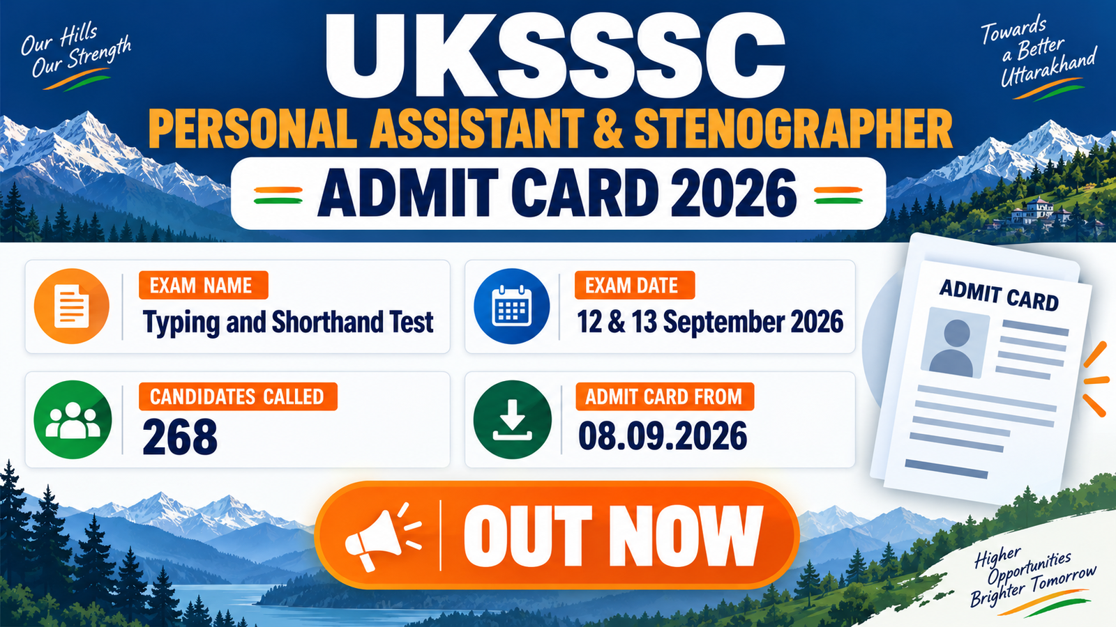 UKSSSC Personal Assistant and Stenographer Admit Card 2026 - Typing and Shorthand Test on 12 and 13 September 2026, 268 candidates called, admit card from 08.09.2026