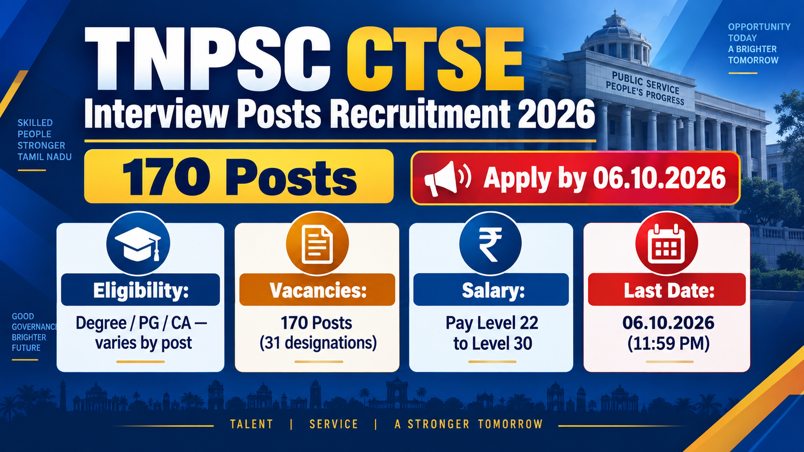 TNPSC CTSE Interview Posts Recruitment 2026 banner showing 170 posts, eligibility Degree PG or CA, pay level 22 to 30 and the 06.10.2026 last date to apply online