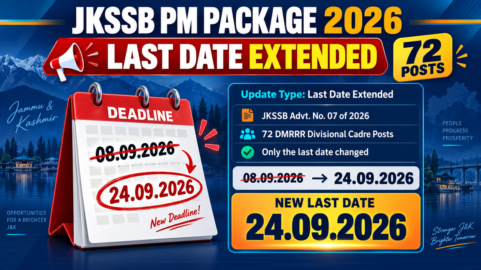 JKSSB PM Package 2026 last date extended from 08.09.2026 to 24.09.2026 for 72 DMRRR Divisional Cadre posts under Advt. No. 07 of 2026