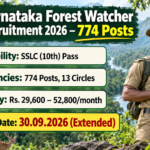 Karnataka Forest Watcher Recruitment 2026 banner listing SSLC 10th pass eligibility, 774 posts across 13 circles, Rs. 29,600 to 52,800 monthly salary and the extended last date of 30.09.2026