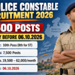 MP Police Constable Recruitment 2026 banner showing 7500 posts, apply before 06.10.2026, eligibility 10th pass, salary Rs. 19,500 to 62,000 per month