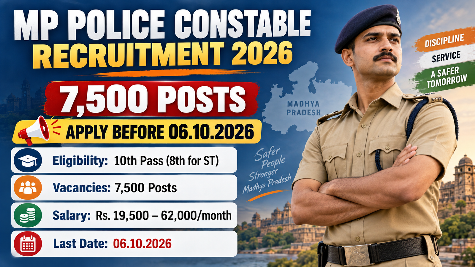 MP Police Constable Recruitment 2026 banner showing 7500 posts, apply before 06.10.2026, eligibility 10th pass, salary Rs. 19,500 to 62,000 per month