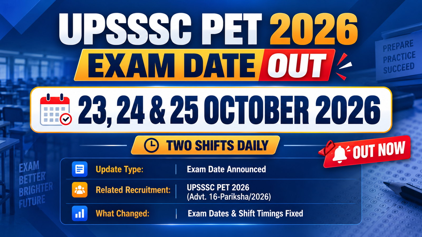 UPSSSC PET 2026 exam date out banner - exam on 23, 24 and 25 October 2026 with two shifts daily