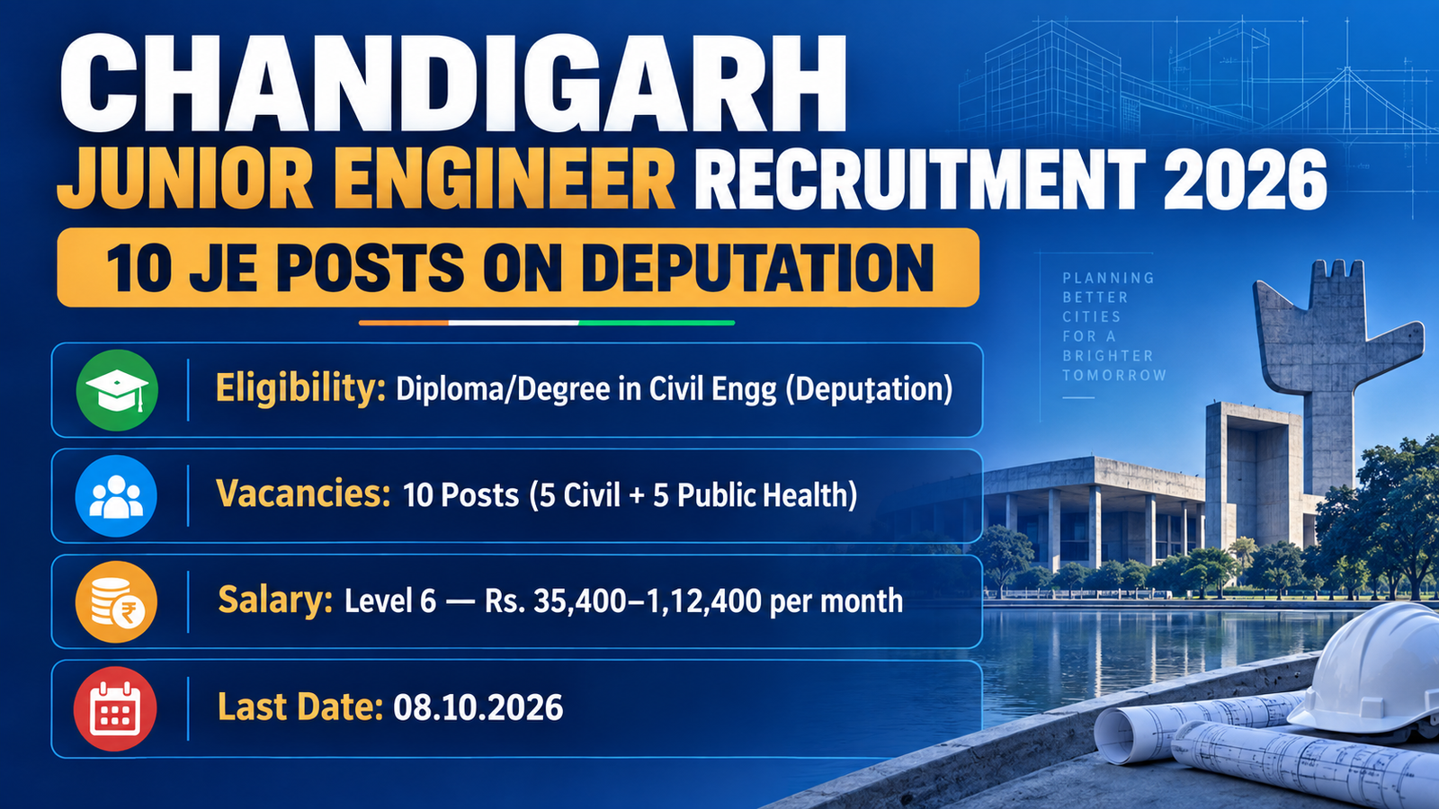 Chandigarh Junior Engineer Recruitment 2026 banner - 10 JE posts (5 Civil, 5 Public Health) on deputation, Level 6 Rs. 35,400-1,12,400, last date 08.10.2026