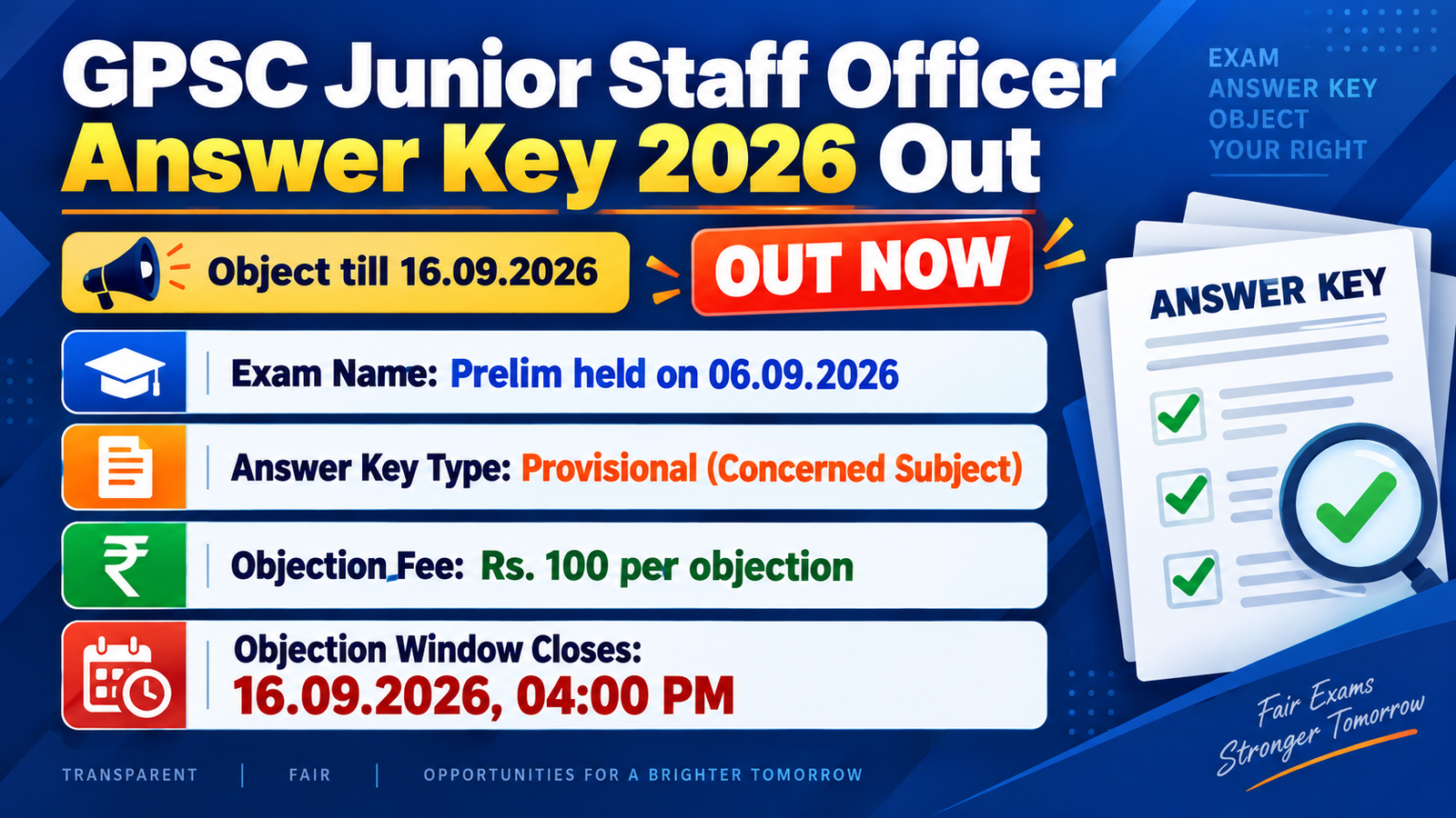 GPSC Junior Staff Officer Answer Key 2026 out banner for Advt. No. 14, 15, 16, 17 and 38/2026-27, provisional key for the 06.09.2026 preliminary test, objection fee Rs. 100, objection window closes 16.09.2026 at 04:00 PM