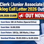 SBI Junior Associate Special Recruitment Drive backlog preliminary examination call letter 2026 banner showing exam date 16.09.2026 and download window 09.09.2026 to 16.09.2026
