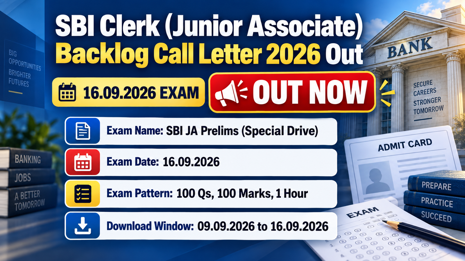 SBI Junior Associate Special Recruitment Drive backlog preliminary examination call letter 2026 banner showing exam date 16.09.2026 and download window 09.09.2026 to 16.09.2026