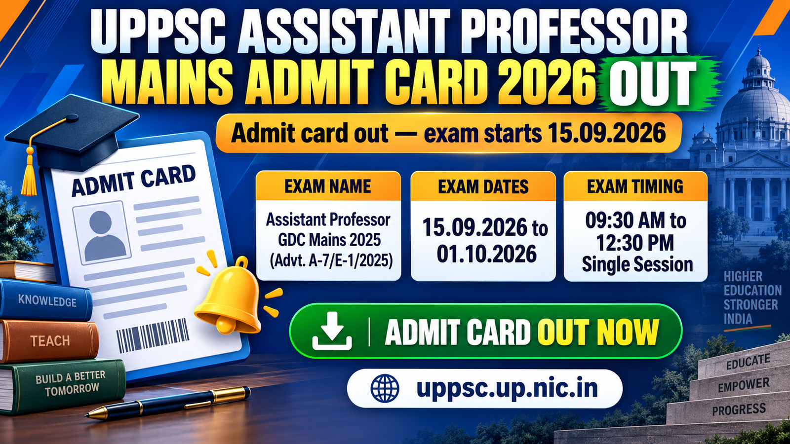 UPPSC Assistant Professor Government Degree College Mains Admit Card 2026 banner - Advt. No. A-7/E-1/2025, exam 15.09.2026 to 01.10.2026, 09:30 AM to 12:30 PM